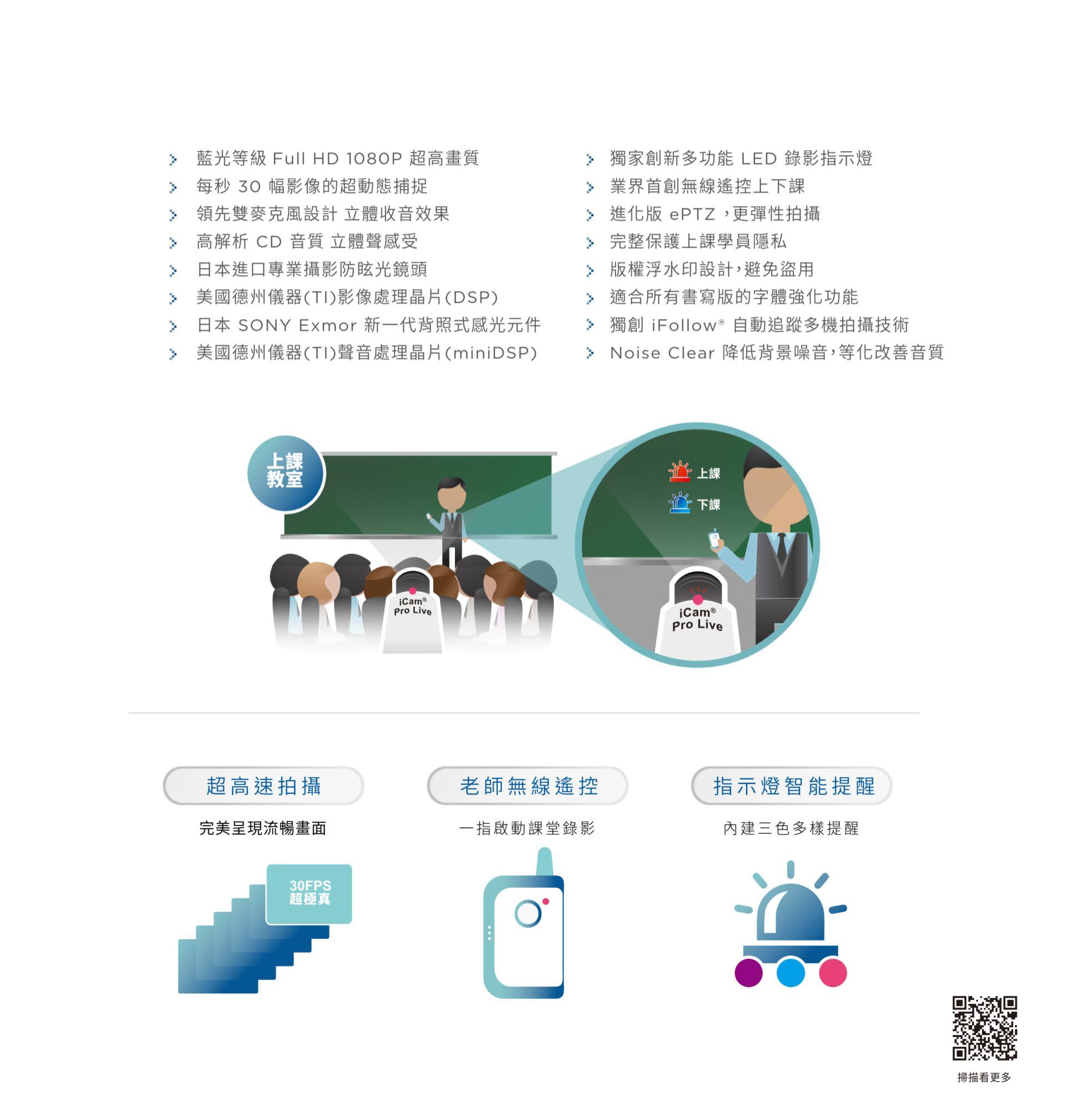 iCam Pro LIVE 摄影机具备蓝光等级 Full HD 1080P 超高画质与 30FPS 超顺畅影象输出,内置高解析 CD 音质立体收音、德制 DSP 处理芯片与 SONY Exmor 背照式感光组件,支持 ePTZ 灵活构图与 iFollow 多机自动追踪拍摄,搭配无线启录器与三色 LED 指示灯提示上课状态,适用数位教学、课堂录影与智能教室,是功能完整、画质与声音兼备的专业级直播摄影机。